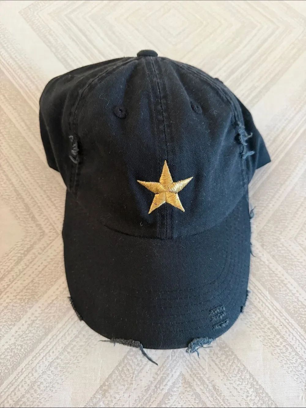 Women’s Black Distressed Baseball Hat Gold Star Adjustable Casual Cap